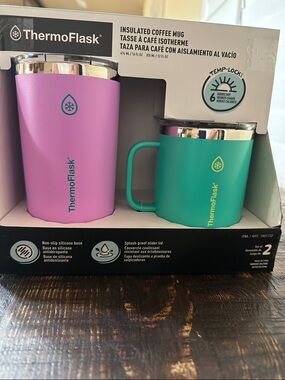 ThermoFlask Insulated Coffee Mug Set - Pink / Purple & Teal